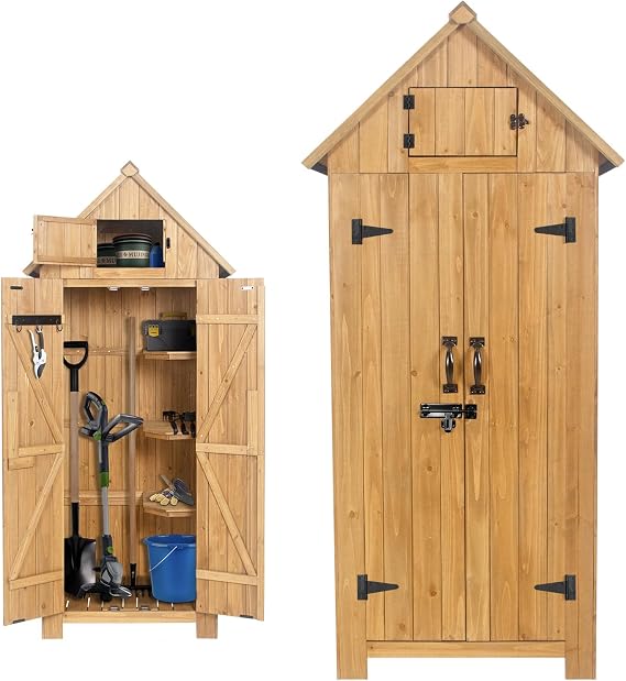 Wooden Outdoor Storage Shed with Double Doors,70 Tall Waterproof Storage Shed with Lock,Sheds & Outdoor Storage with Windproof Tipping for Deck,Backyard Garden and Yard
