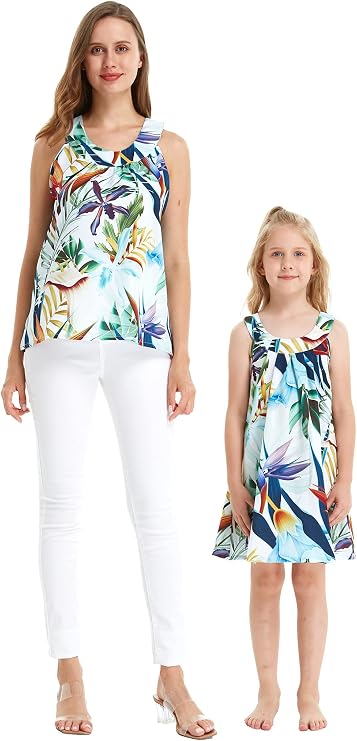 Matchable Hawaiian Luau Mother Daughter Women Tank Top or Girl Round Neck Dress in Lost in Paradise
