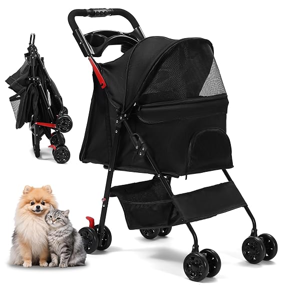 Dog Stroller, Pet Stroller with 4 Wheels, Foldable Dog Strollers for Small Medium Dogs & Cats, Cat Stroller with Storage Basket, Breathable Mesh, 360 Wheels & Rear Brakes Black