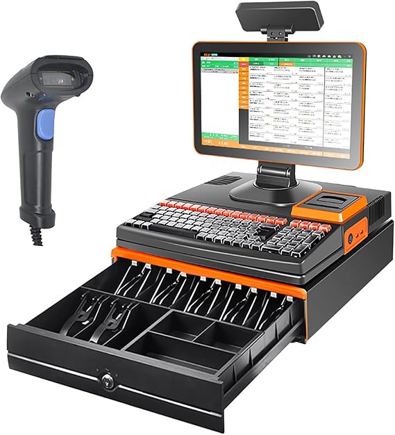 Smart Cash Register, All-in-One Cash Register, LCD Touch Screen Cash Monitor, POS Terminal with Portable Scanner, Cash Drawer