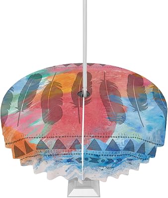 Medi-eval Feather Outdoor Round Tablecloth with Umbrella Hole 54 Inch,Wrinkle Free Wipeable Fabric Table Cloth Waterproof Zippered Cover for Camping Party,Bohemia Abstract Geometric Shabby Chic Art