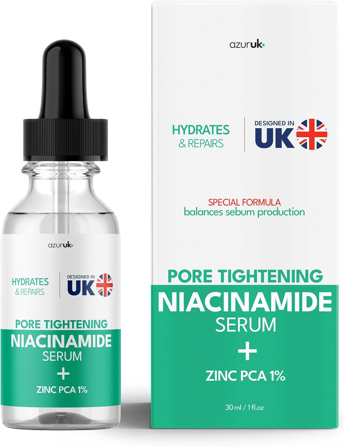 Niacinamide Serum 10% - Pore Tightening Face Serum + Zinc 1% for Glowing Skin - Balances Sebum Production, Hydrates & Repairs (30ml)