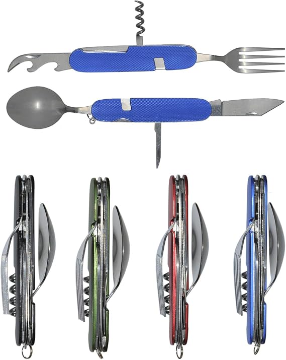 UNCLE JAKE 4 Set 6-in-1 Camping Utensil Stainless Steel Fork Knife Spoon Bottle Opener, Travel Cutlery Set with Both Hands