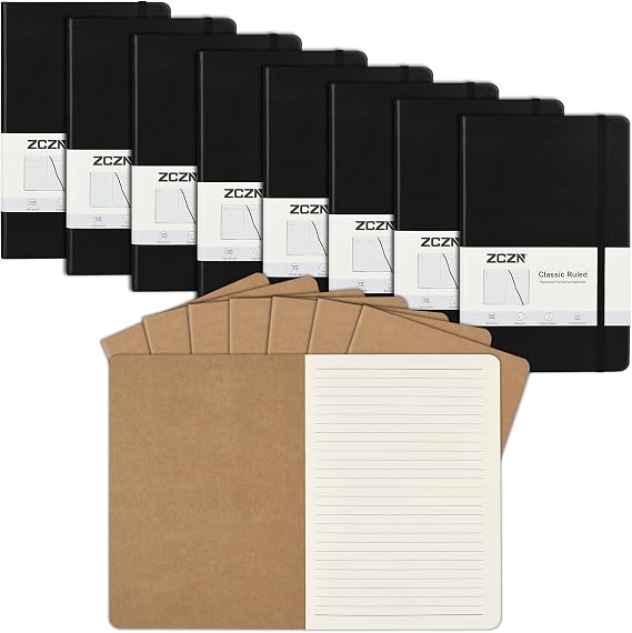 ZCZN 8 Pack Lined Kraft Notebooks+ 8 Pack Black Lined Hardcover Journals