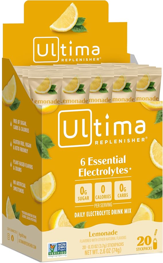 Ultima Replenisher Electrolyte Powder, Sugar‑Free Hydration Mix with Balanced Electrolytes and Essential Minerals to Support Energy, Endurance and Recovery During Workout – Lemonade – 20 Packets