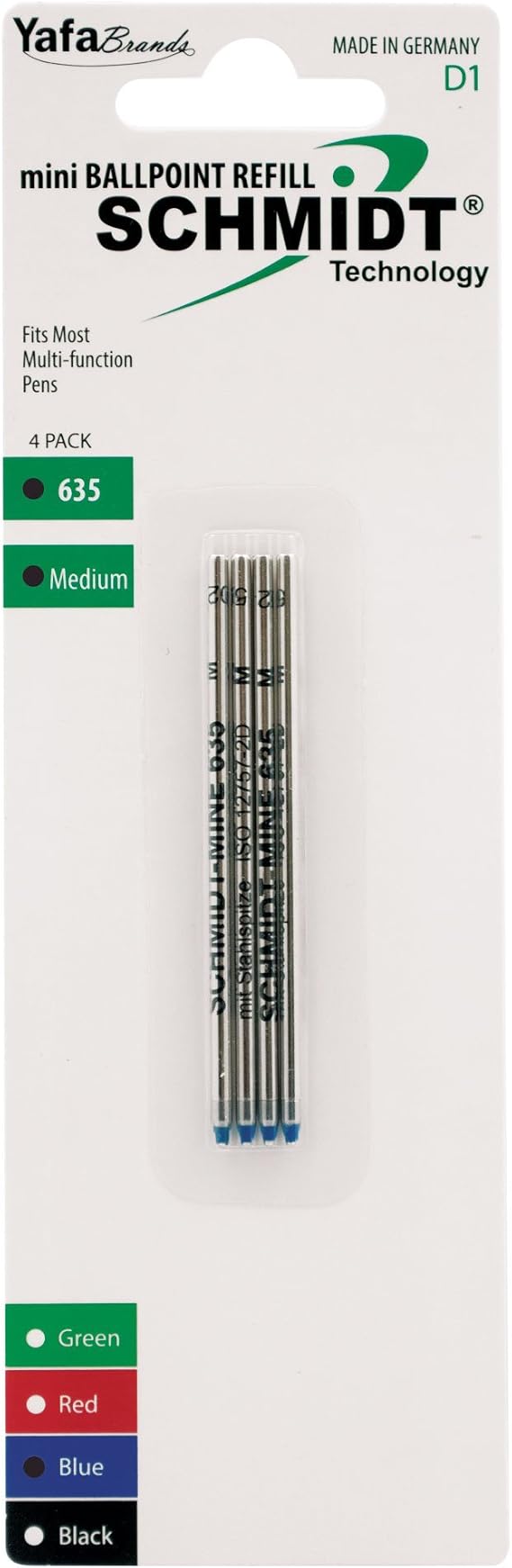 Schmidt 635 Mini D1 Ballpoint Refill Medium, 4 Pack, Blue (SC58150) | D1 Standard for Multifunction & Mini Pens | Smooth, Consistent Writing with Stainless Steel Tip