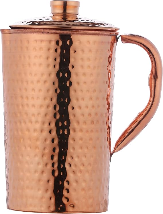 Copper Pitcher with Lid 100% Pure Copper Hammered Water Pitcher 50.7 oz (1.5 Liter) for Drinking Water, Traditional Copper Pitcher for Home & Kitchen