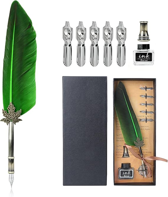 Feather Quill Pen Set, Craft Feathers Pen Set Antique Calligraphy Dip Pen with 5 Replacement Nibs Pen Stand Base and Empty Ink Bottle Signature Pens for Signing Writing Supplies Feather (Green)