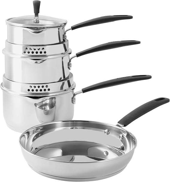 ProCook Gourmet Stainless Steel Cookware Set with Stay Cool Handles Uncoated Induction Pans Dishwasher Safe Cooking Pots - 4 Piece, 14/16/18/24 cm, 1/1.7/2.4 L