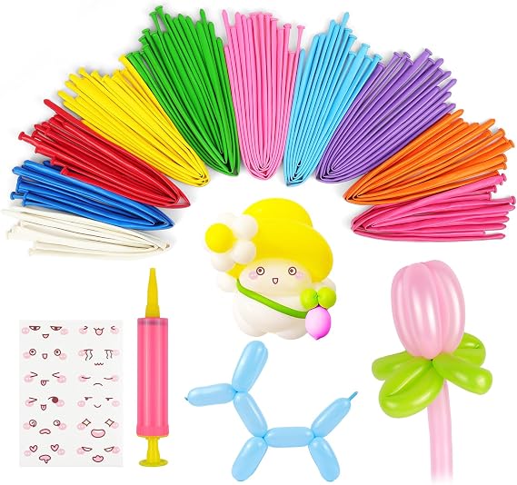 Long Balloons, 100Pcs Long Balloons for Modelling, Twisting Animals Balloon with 1 Hand air Pump and 1 Emoji Sticker, Latex Modelling Balloon for DIY Animal Shaping, Decoration,Party,Multicolor