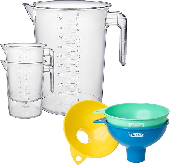 5 Liter (1 Gallon) Plastic Graduated Pitcher for Measuring and Mixing (3-Pack) + Food Grade, Wide Mouth, Canning Funnels (3-Pack)
