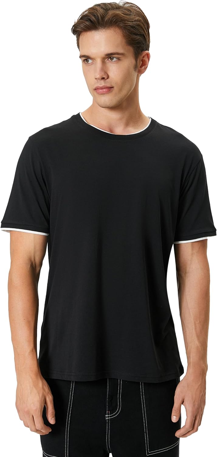 Bicycle Collar Short Sleeve Color Contrast Detailed Cotton Basic T-Shirt