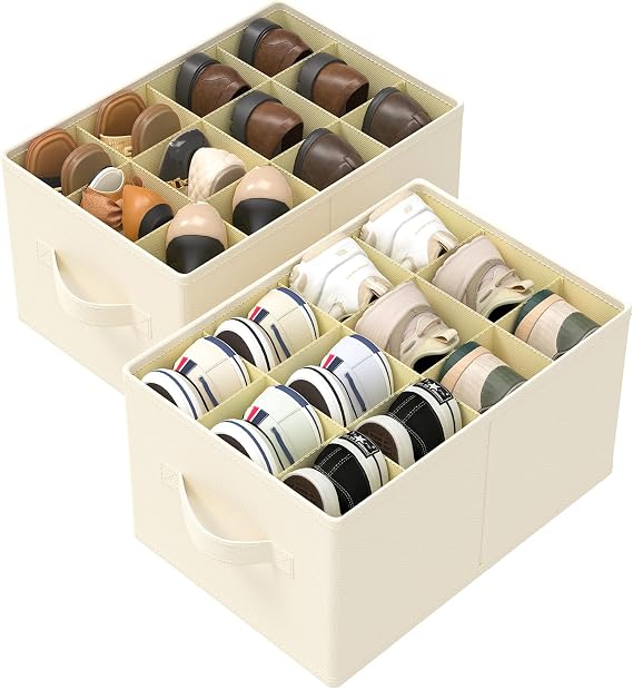 Fabric Shoe Boxes, Fits 12-24 Pairs, 2 Pack, 42x32x26 cm, Beige