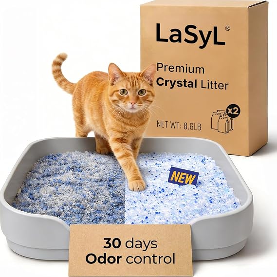 LaSyL Crystal Cat Litter for Multi-Cat Households - Silica Gel, 30-Day Odor Control, 99.9% Dust-Free Non-Clumping Low Tracking Lightweight Unscented Formula 8.6 lb (2 Bags x 4.3lb)