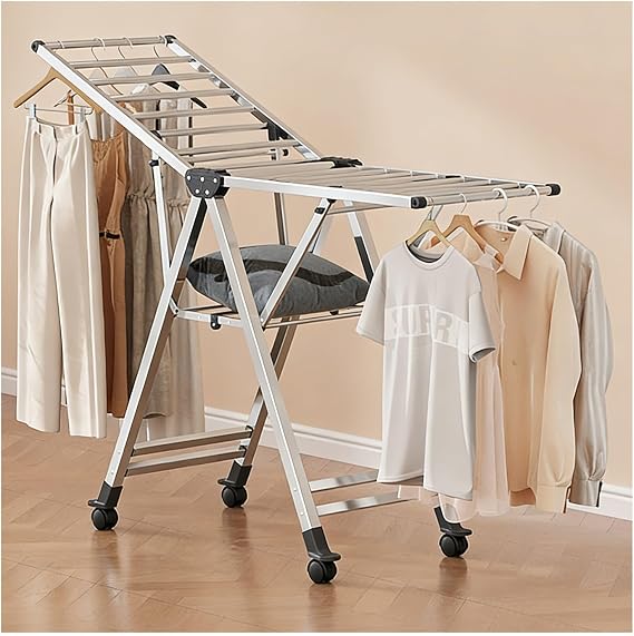 Stainless Steel Freestanding Laundry Rack,Clothes Drying Rack Foldable,Height-Adjustable, with A Shoe Rack, Suitable for Drying Clothes, Towels, and Bed Sheets.(Upgraded Model)