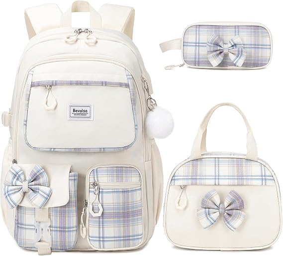 Bevalsa Backpack for Girls, Cute Bow School Bags with Lunch Bag & Pen Case