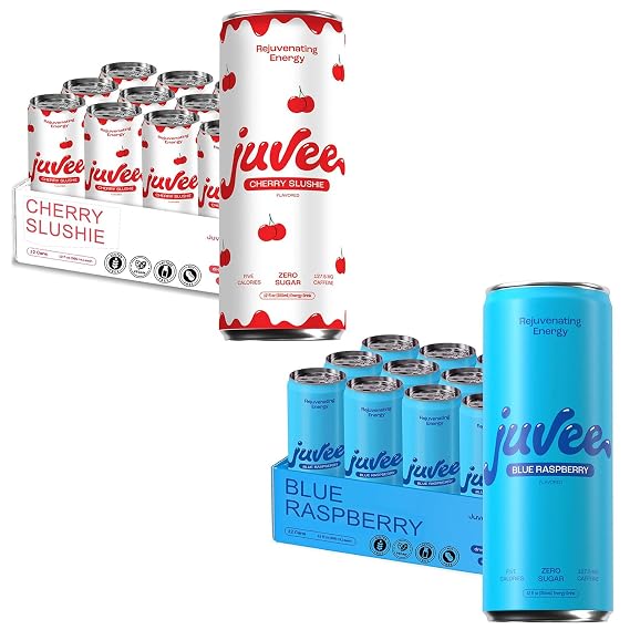 Juvee Rejuvenating Energy Drink Bundle Blue Raspberry & Cherry Slushie, 12 oz Cans, Pack of 12 Each Sugar Free, 128 mg Natural Caffeine per Can, Zero Sugar, Low Calorie, Clean Energy & Mental Focu