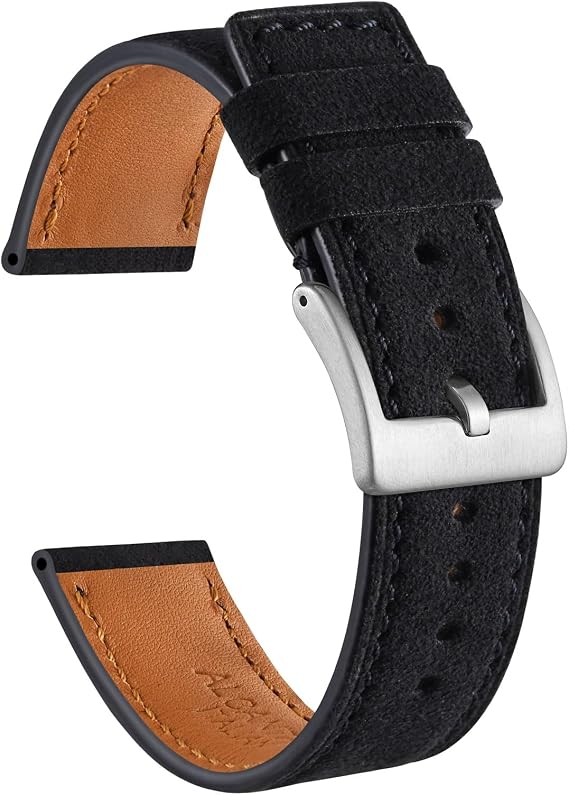 Ayadoo 22mm Alcantara Leather Watch Strap, Vintage Black Leather Watch Band with Silver Buckle for Men and Women