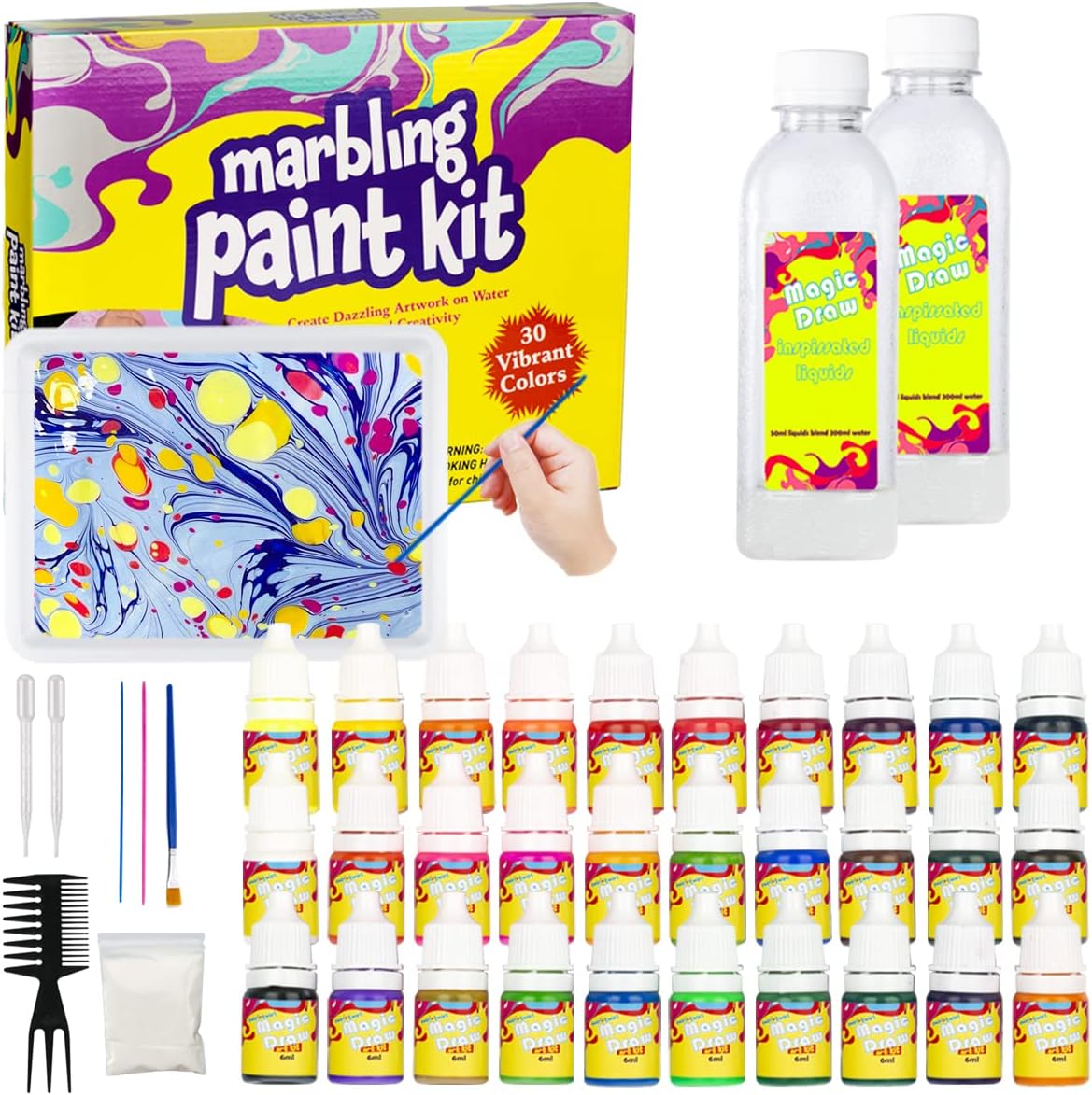 Marbling Paint Kit for Kids, Water Marbling Paint Set, Arts and Crafts for Girls & Boys Ages 6-12, 30 Colors, Ideas for Kids Activities Age 4 5 6 7 8 9 10 Marble Painting