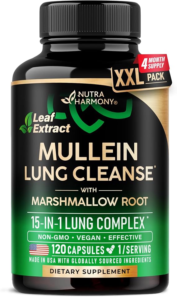Mullein Lung Detox - Mullein Leaf 10:1 Extract Supplement - 120 Caps | Marshmallow Root | Echinacea | Quercetin | NAC - 15-in-1 Lung Support & Cleanse for Smokers Supplement - for Women & Men