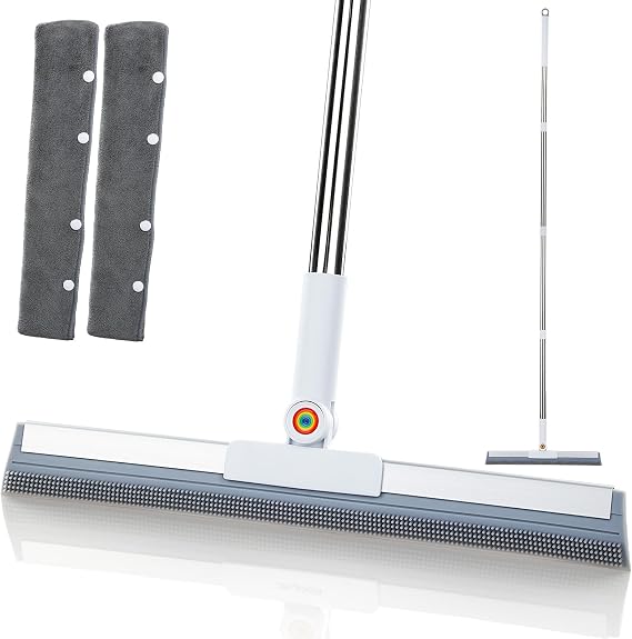 Magic Squeegee Broom for Floors, 62 in Handle, Rubber Pet Hair Remover | Works on tile, concrete, carpet and windows; includes 2 microfiber pads for wet and dry cleaning