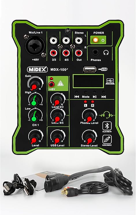 Midex MDX-100 Studio Mixer with Sound Card for Studio Recording +48V Studio Mixer with Phantom Power