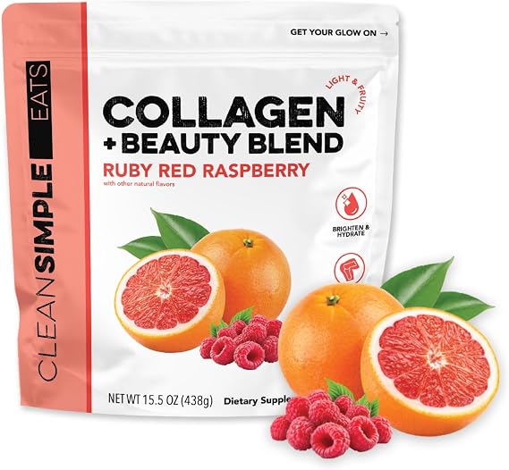 Clean Simple Eats Collagen + Beauty Blend, Ruby Red Raspberry, 30 Servings | Hydrolyzed Collagen Peptides | Grass Fed Bovine & Chicken | Hyaluronic Acid | Hair, Skin, Nails & Joint Support