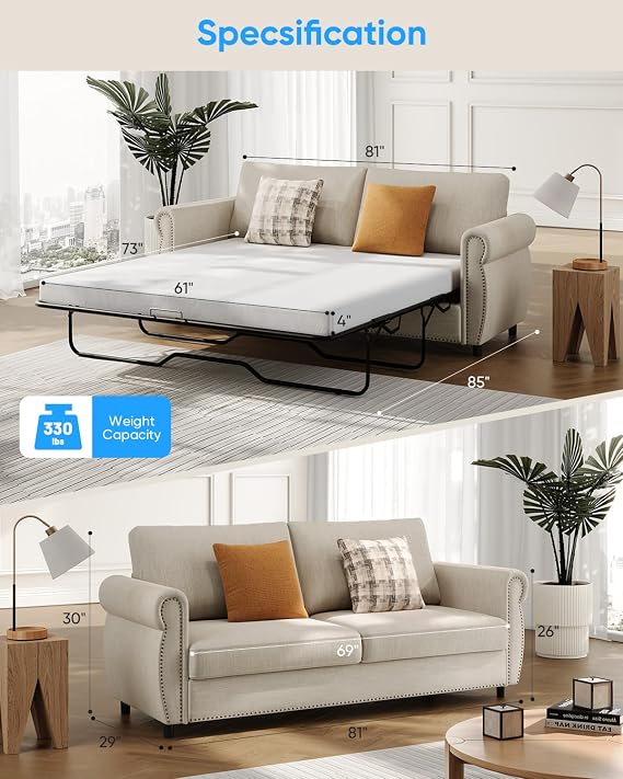 2 in 1 Sofa Bed, Queen Size Linen Fabric Pull Out Couch with Folding Foam Mattress, Convertible Loveseat Sleeper Sofa with Nailhead Trim for Living Room, Bedroom, Apartment-Beige