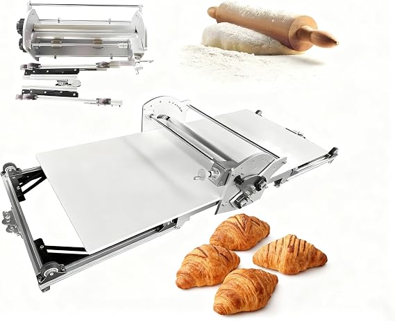 Food-Grade 304 Stainless Steel Commercial Electric Dough Sheeter 27.56"17.7", 2-30mm Precise Thickness Adjustable, with PP Non-Stick Board, Professional Baking Equipment