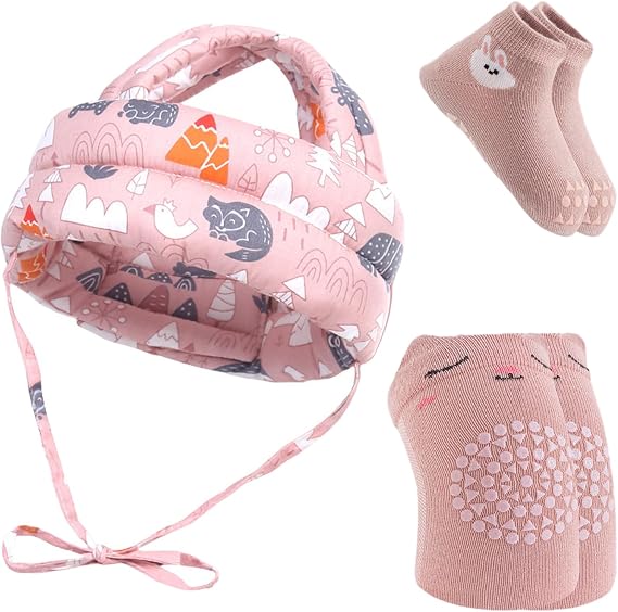 Baby Safety Helmet Set -Head Protector with Anti-Slip Knee Pads & Grip Socks for Infant,Adjustable Safety Helmet for Toddlers Learning to Crawl & Walk Pink