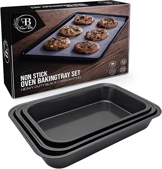 Fusion Bliss Nonstick Baking Sheets Set 3-Piece Heavy Duty Carbon Steel Oven Pans for Roasting & Cookie Baking Deep Rimmed Cookie Sheet Pan Set Kitchen Cookware Essentials