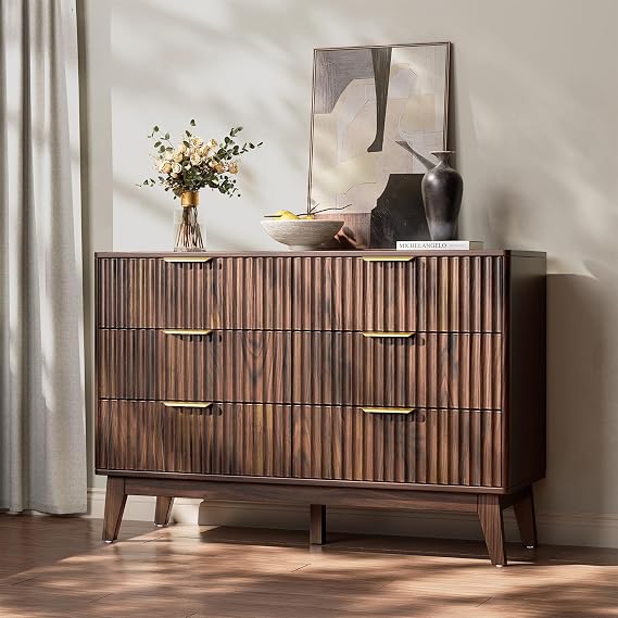 6-Drawer Dresser Fluted Drawers, Mid-Century, Walnut