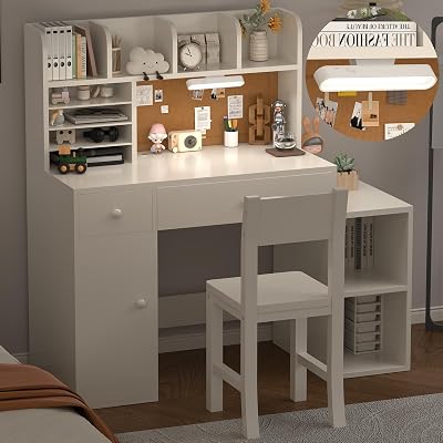 Wooden Lvory White Kids Study Desk and Chair Set with Light, 2 Drawers and 4 Storage Cabinets, Children Desk with 4 Open Hutch and Shelves, Girls Study Desk for Kids Bedroom-005B
