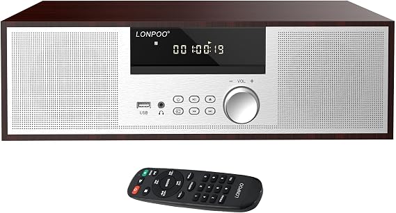 LONPOO Bluetooth Stereo System for Home, 40W CD Player with Speaker | DSP Enhanced Audio, Real Wood Enclosure,12mm Thick MDF, Aluminum Panel, 3" Woofer, Preset 20 Programmable FM Stations,Silver