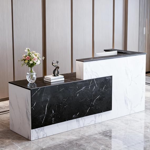 L-Shaped Large Wooden Reception Desk, Modern Front Desk Reception Counter with Lockable Drawers & Storage & Keyboard Tray, for Checkout, Lobby (Left-Black/White, 71''L x 42''W x 41''H)