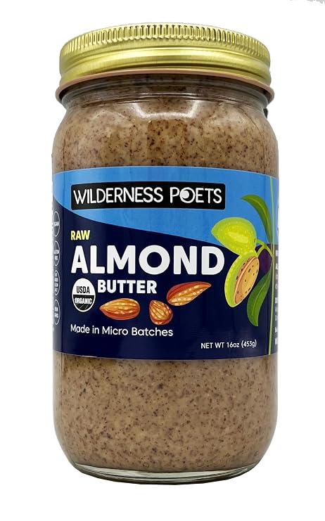 Wilderness Poets, Almond Butter - Organic Raw Nut Butter (1 Pound) - Vegan, Gluten Free, Non GMO, No Salt, No Sugar - Glass Jar