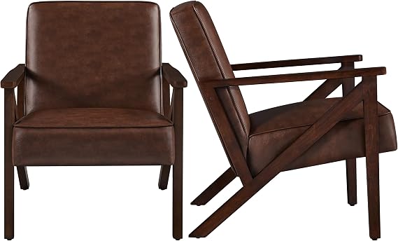 Topeakmart PU Leather Accent Chair, Modern Mid Century Armchair, Sofa Chair with Wooden Frame and Sturdy Legs for Living Room, Dark Brown, 2 Pieces