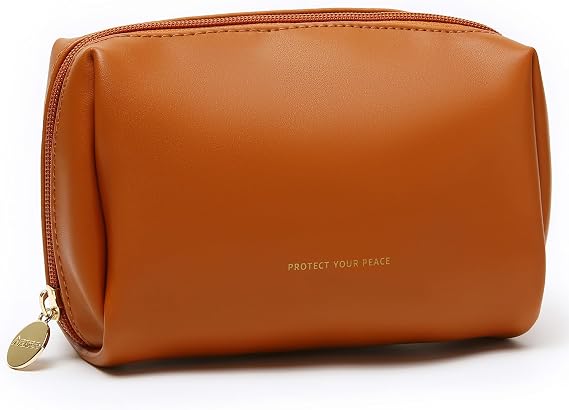 Aveniee Small Travel Makeup Bag, Vegan Leather Cosmetic Pouch for Purse,Wide-open Toiletry Organizer with Dividers & Zipper, Beauty Storage for Women-Brown