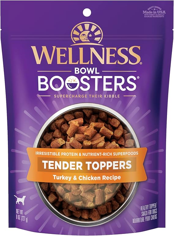 Wellness Bowl Boosters Tender Toppers Dog Food Topper for Small, Medium, and Large Breeds, Grain Free, Natural, Turkey and Chicken Recipe, 8 oz Bag