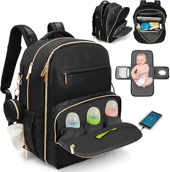 Faux Leather Diaper Bag Backpack - Luxury PU Leather Diaper Bag with Changing Pad and Pacifier Case