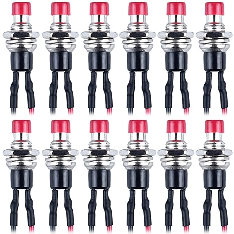 12-Pack 1A 250VAC 7mm Mini Momentary Push Button Switch 2Pins with Pre-soldered Wire SPST Normal Open NO Micro Switch (Red Button)