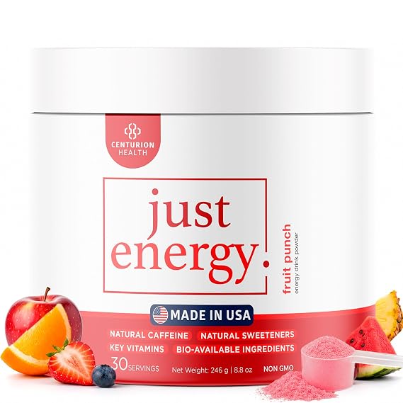 Just Energy Drink Powder, Refreshing Fruit Punch Energy Drink Mix with 21 Energy-Boosting Ingredients, Includes B Vitamins, Choline, Zinc, Chromium and Inositol, 30 Servings