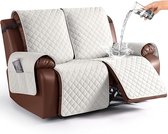 Waterproof Loveseat Recliner Cover, Non-Slip Reclining Couch Covers for 2 Seat, Recliner Sofa Cover Furniture Protector with Elastic Straps for Kids, Pets, Beige
