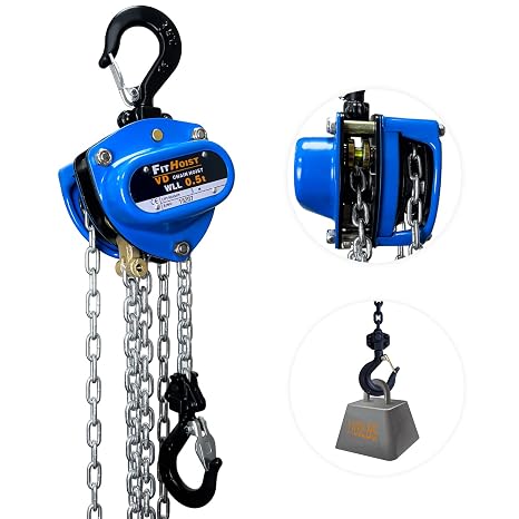 Chain Hoist 1/2 Ton, Chain Fall 10 Ft Lift for Garage and Workshop | Small Chain Hoist with steel housing, 5 mm load chain and dual-pawl guidance for equipment maintenance and loading areas