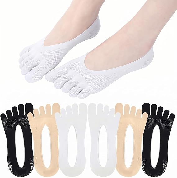 Pangda 6 Pairs Women Toe Socks No Show Toe Separator Full Finger Low Cut Liner Socks with Gel Tab(Color Set 1)