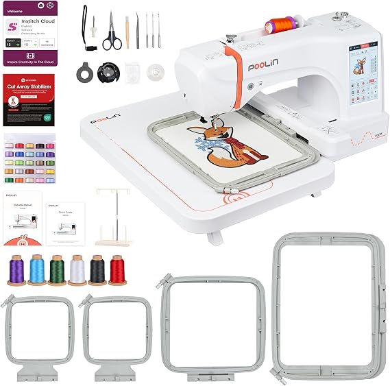 PooLin EOC06 Embroidery Machine Touch Screen Digital Embroidery Machine Letters and Patterns Embroidery Machine for Personalizing T-shirts, Polo Shirts, Jackets, Shirts, Bags, Towels and More