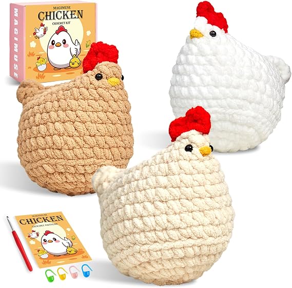 MAGIMUSE Crochet Kit for Beginners, 3 Pcs Chicken Crochet Craft Kit
