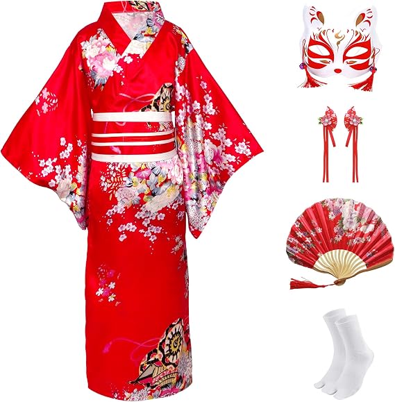 Japanese Kimono Dress for Girls Kids Anime Cosplay Costume 5pcs