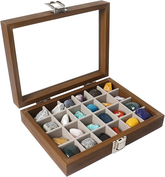 24 Grids Rock Display Case, Wooden Rock Collection Box with Clear Glass Lid, Storage Display Boxes for Collectables Gemstone Fossil Crystal Stone Jewellery (Dark Brown)
