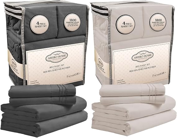 Abeero Home Luxury King Size Sheet Set Bundle - 2x4 Piece Premium Hotel Bedding in Gray & Beige - Double Bed Sheets with Elastic Straps - Fits Up to 15" Deep Pocket Mattress